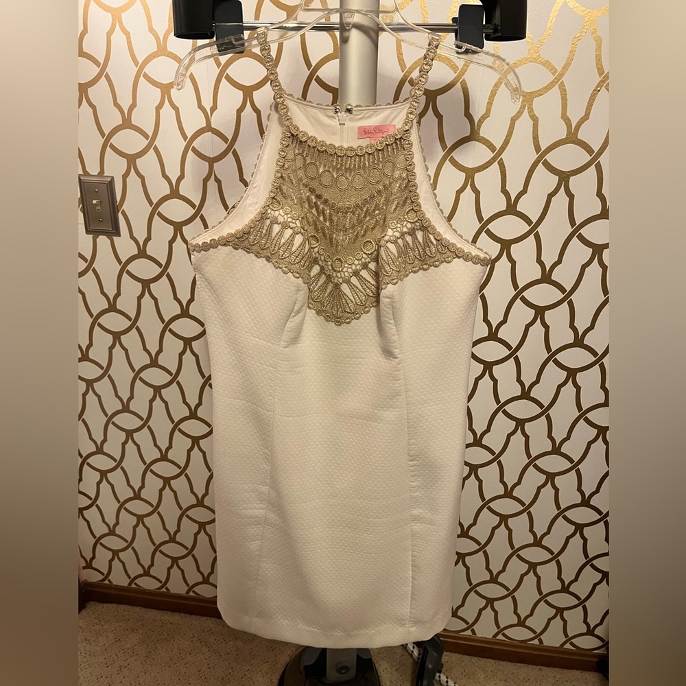 Lilly Pulitzer White Shift Dress with Gold Details